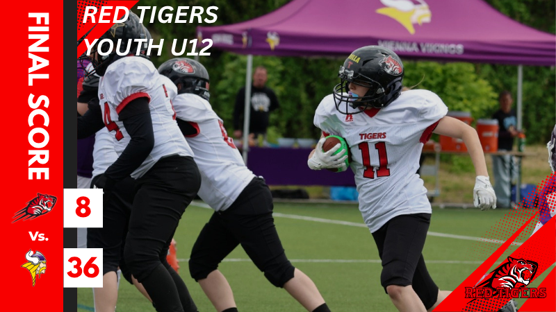 Gameday‑Grafik der Red Tigers U12 mit dem Endstand 8:36 gegen die Vienna Vikings im Vorbereitungsspiel.