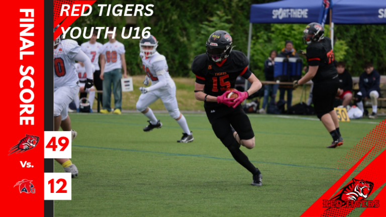 Spielszene der Red Tigers U16 im American Football Vorbereitungsspiel gegen die Ebenfurth Mustangs, das 49:12 gewonnen wurde.